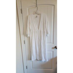 White Boho Eyelet Embroidery Midi Dress With 3/4 Sleeves & V-Neckline S-M
